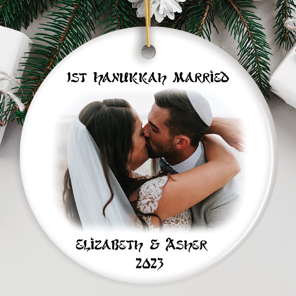 First Hanukkah Married Personalized Photo Ornaments, Engagement Gift Ceramic Ornament OrnamentallyYou Circle 