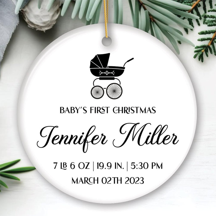 Fully Detailed Baby’s First Christmas Personalized Ornament with Weight and Birth Year Ceramic Ornament OrnamentallyYou Circle 