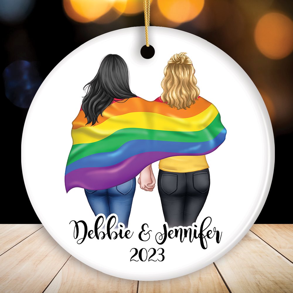 Gay Pride Women Couple with Rainbow Flag Personalized Christmas Ornament, LGBT and Lesbian Activism Ceramic Ornament OrnamentallyYou Circle 
