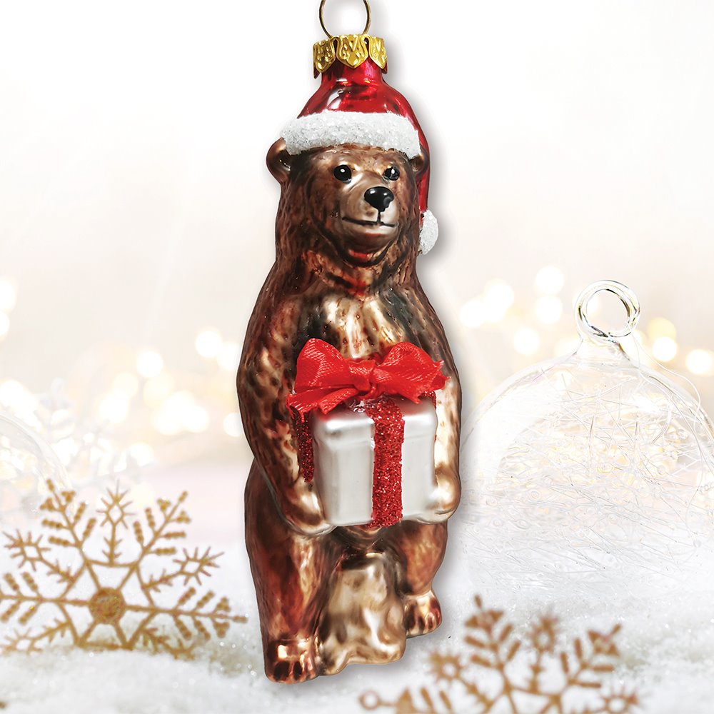 Grizzly Bear with Santa Hat and Gift Glass Ornament | OrnamentallyYou