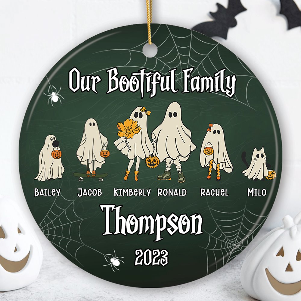 Halloween Ghost Family With Pets Personalized Ornament, Custom Ghost Crew Portrait Gift Ceramic Ornament OrnamentallyYou Circle 