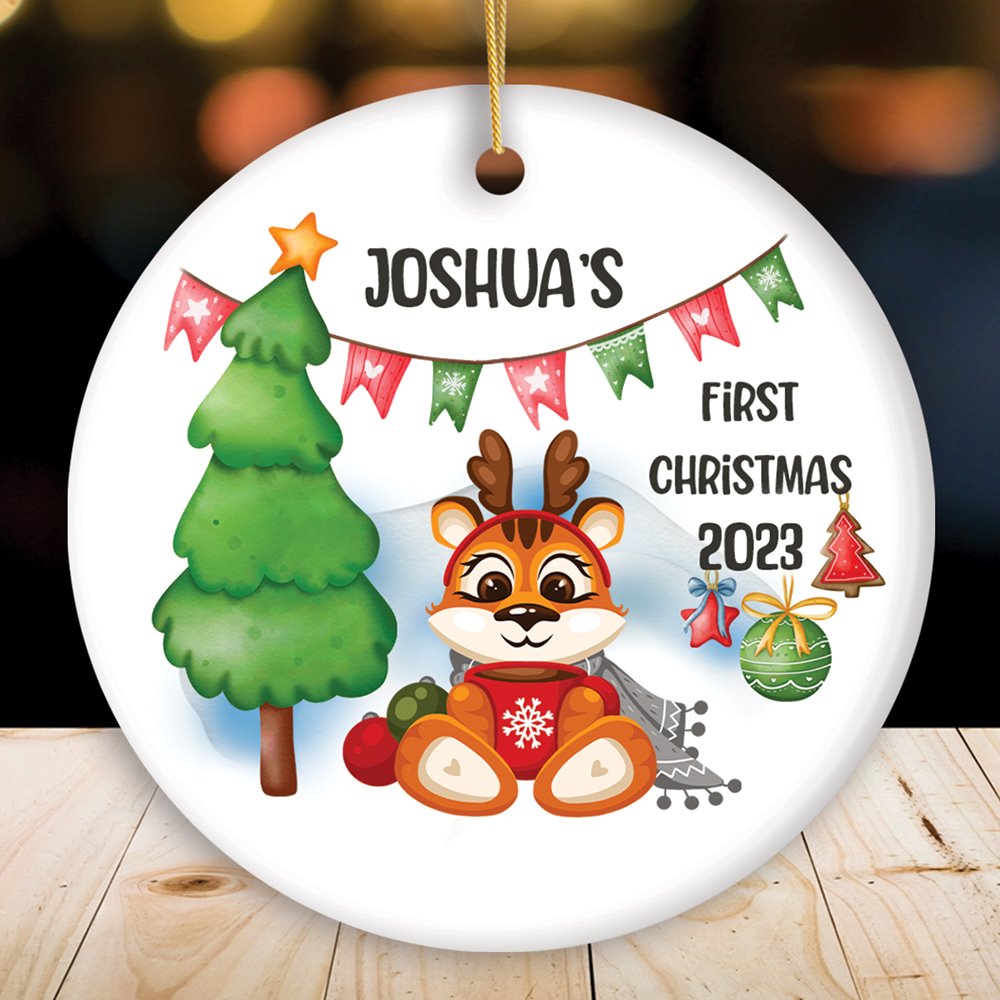 Kid’s First Christmas Baby Animal Theme Ornament with Tiger, Deer, Penguin Ceramic Ornament OrnamentallyYou Circle 