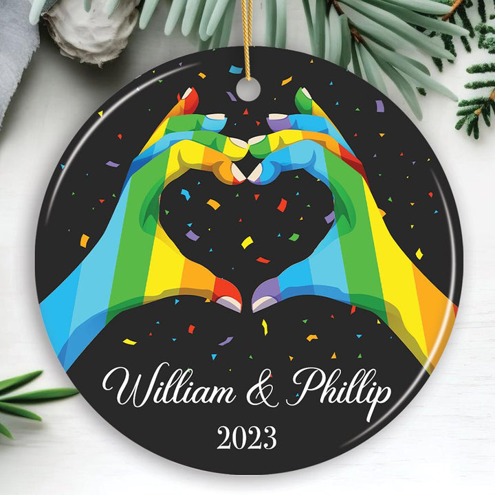 LGBT Personalized Lover’s Heart Hands Ornament, Custom Gay Couples Gift Ceramic Ornament OrnamentallyYou Circle 