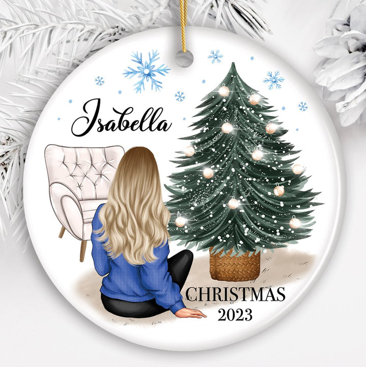 Lovely Women’s Customizable Christmas Ornament Gift, Personalized Hair, Name, and Outfit Ceramic Ornament OrnamentallyYou Circle 