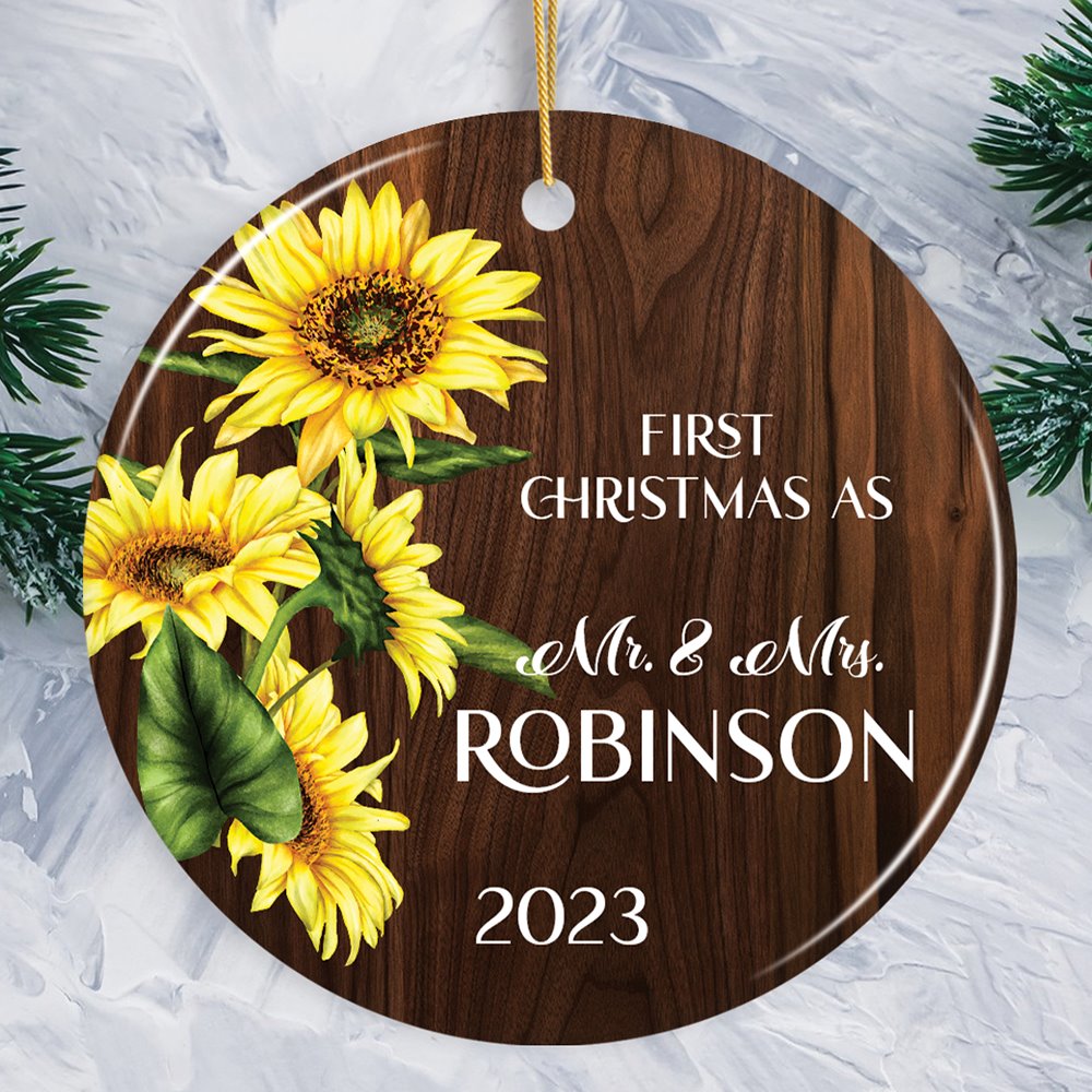 First Christmas as Mr and Mrs Rustic Sunflower Personalized Christmas Ornament, Wedding Couple Gift Ceramic Ornament OrnamentallyYou Circle 