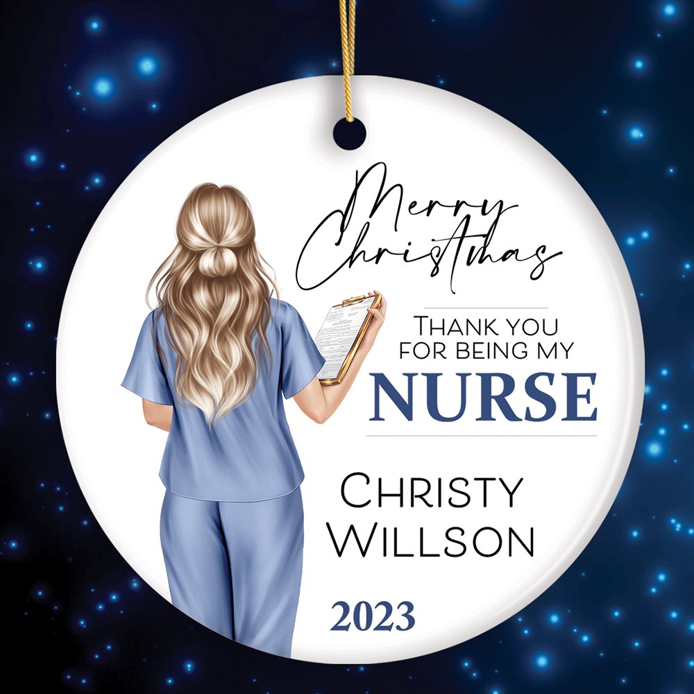Nurse Appreciation Gift Personalized Ornament, Custom Retirement, Student or Nursing Practitioner Small Christmas Present Ceramic Ornament OrnamentallyYou Circle 