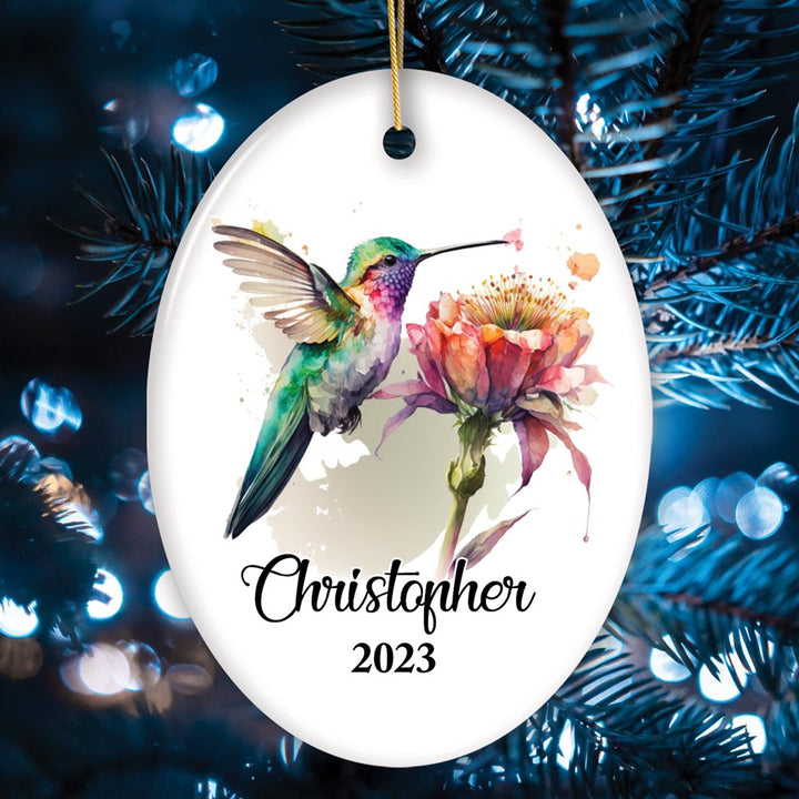 Personalized Artistic Hummingbird Watercolor Ornament, Custom Name and Date Gift Ceramic Ornament OrnamentallyYou Oval 