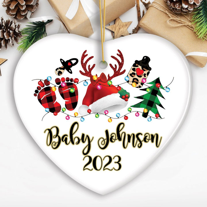 Personalized Baby Christmas Buffalo Plaid Leopard Ornament Gift Ceramic Ornament OrnamentallyYou Heart 