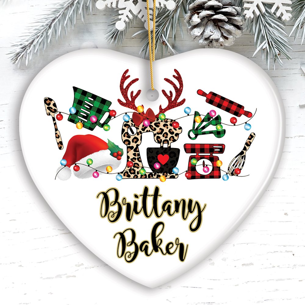 Personalized Baker Buffalo Plaid Leopard Merry Christmas Ornament, Baking Gift Ceramic Ornament OrnamentallyYou Heart 