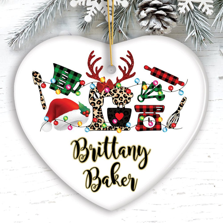 Personalized Baker Buffalo Plaid Leopard Merry Christmas Ornament, Baking Gift Ceramic Ornament OrnamentallyYou Heart 