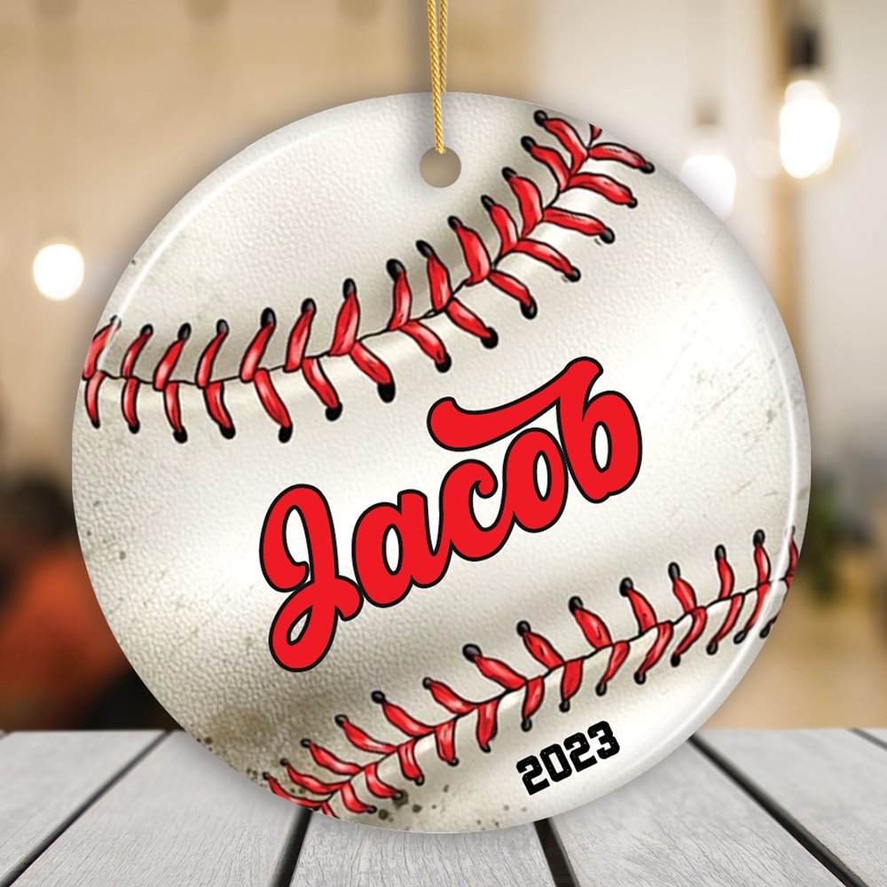 Personalized Baseball Christmas Ornament, Festive Holiday Theme with Name and Date Ceramic Ornament OrnamentallyYou Circle 