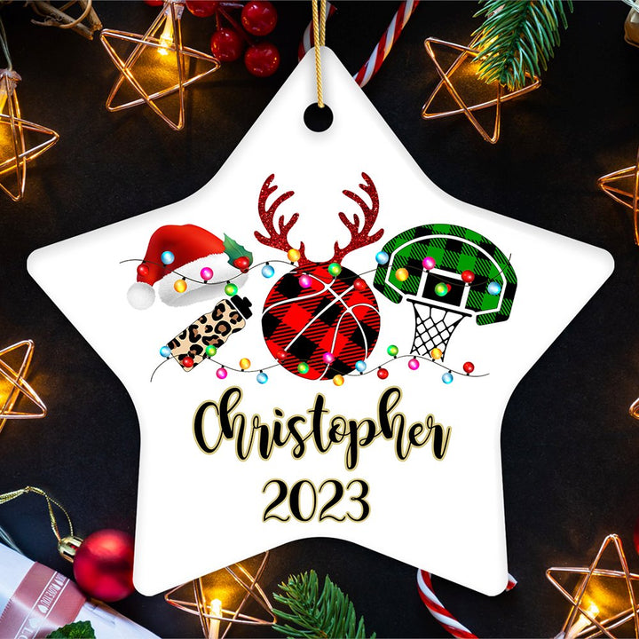 Personalized Basketball Buffalo Plaid Leopard Merry Christmas Ornament, Team and Coaches Gift Ceramic Ornament OrnamentallyYou Star 