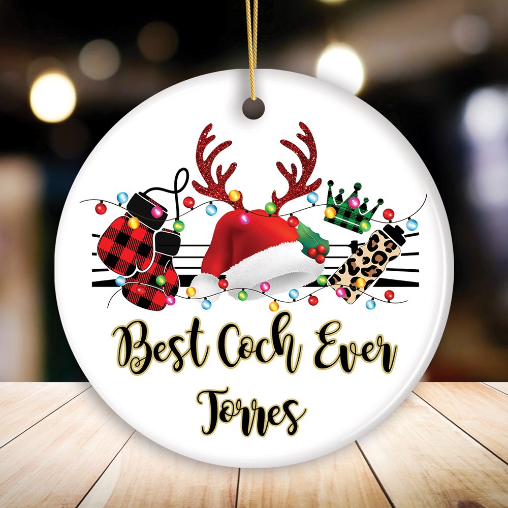 Personalized Boxing Buffalo Plaid Leopard Merry Christmas Ornament, Team and Coaches Gift Ceramic Ornament OrnamentallyYou Circle 