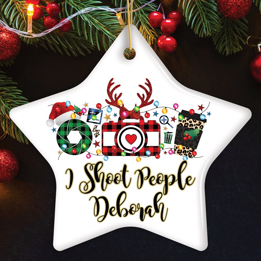 Personalized Photographer Buffalo Plaid Christmas Ornament, Photography Accessories like Camera, Holiday Gift Ceramic Ornament OrnamentallyYou Star 