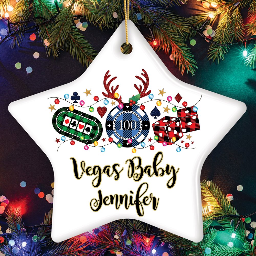 Personalized Casino Buffalo Plaid Christmas Ornament, Poker and Dice, Player and Staff Gift Ceramic Ornament OrnamentallyYou Star 