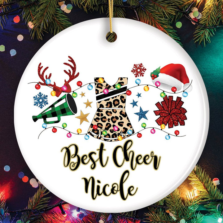 Personalized Cheerleader Buffalo Plaid Leopard Merry Christmas Ornament, Cheer Mom Gift Ceramic Ornament OrnamentallyYou Circle 