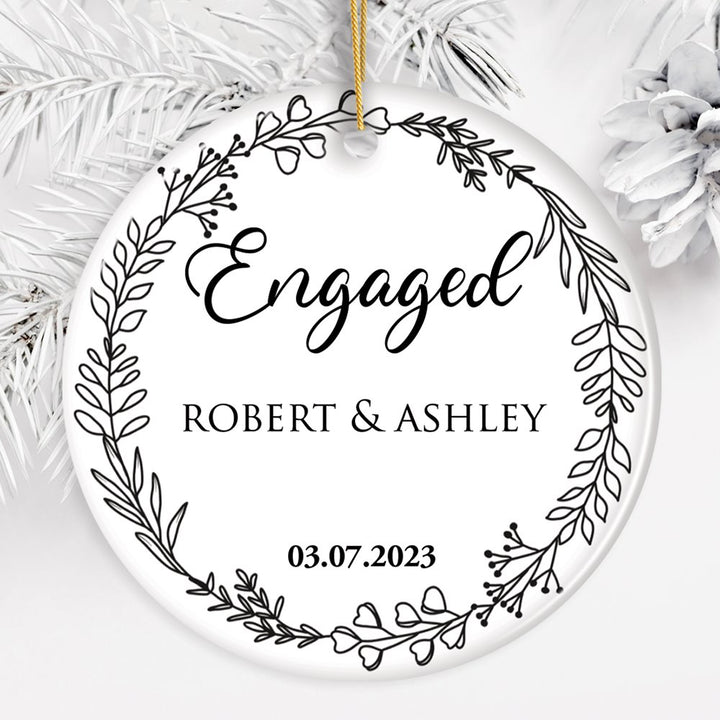Personalized Engaged Ornament With Custom Name and Date, Keepsake Gift for Couple Ceramic Ornament OrnamentallyYou Circle 