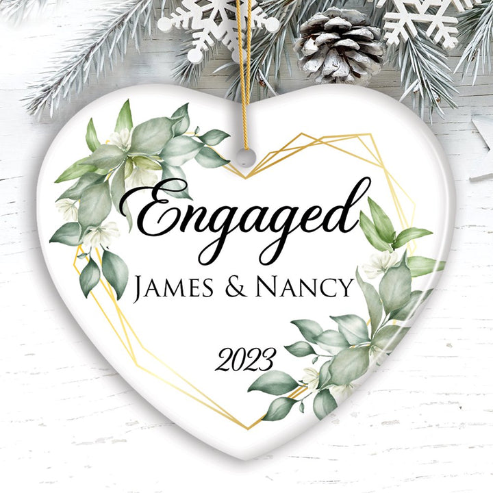 Personalized Engaged Ornament with Heart Flower Frame, Custom Name and Date Gift for Couple Ceramic Ornament OrnamentallyYou Heart 