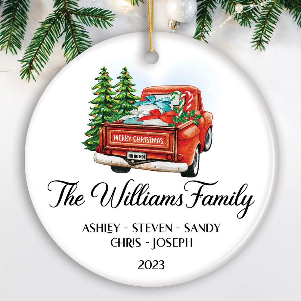 Personalized Family Christmas Ornament With Red Truck, Custom Name For All Family Members Ceramic Ornament OrnamentallyYou Circle 