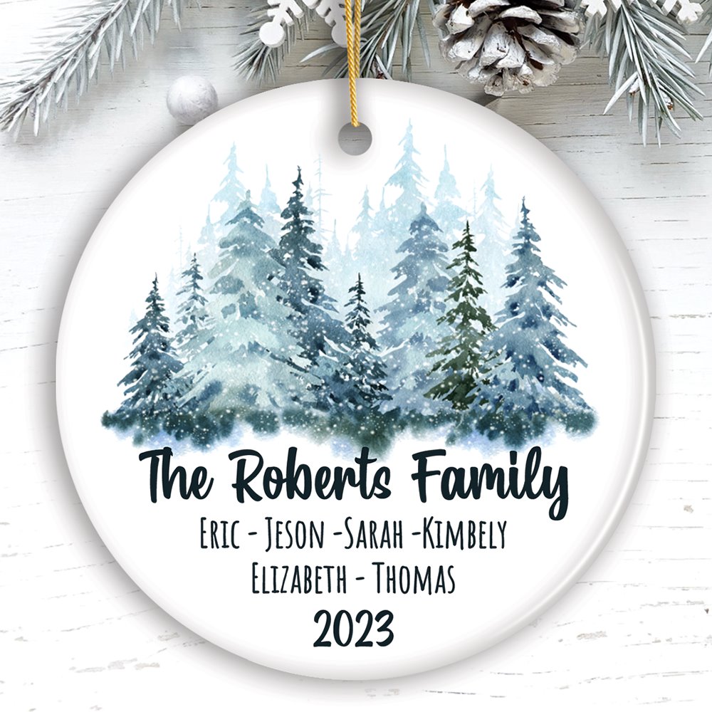 Personalized Family Keepsake Christmas Ornament, Watercolor Winter Forest Trees Ceramic Ornament OrnamentallyYou Circle 