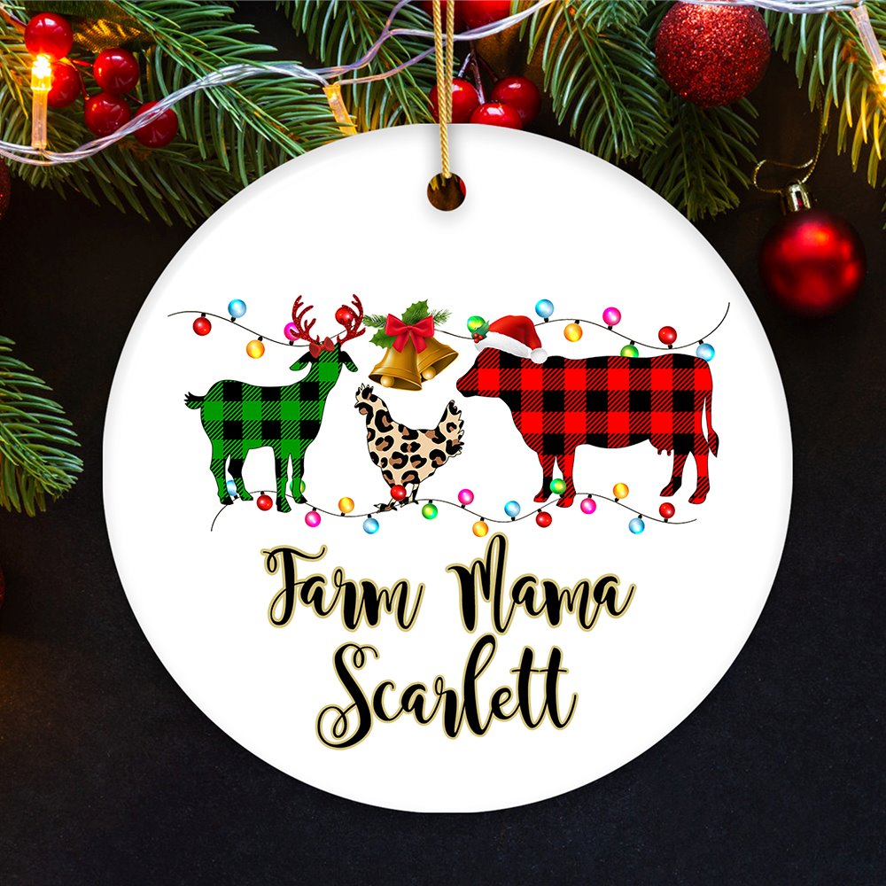 Personalized Farm Animal Buffalo Plaid Leopard Merry Christmas Ornament, Farmhouse Gift Ceramic Ornament OrnamentallyYou Circle 