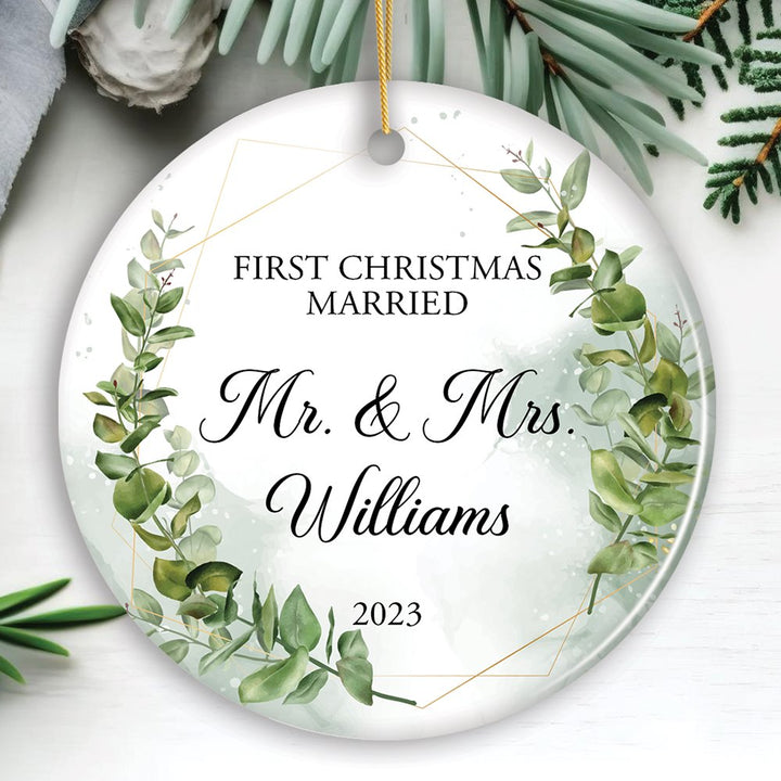 Personalized First Christmas Married as Mr and Mrs Ornament, Elegant Gift with Custom Last Name Ceramic Ornament OrnamentallyYou Circle 