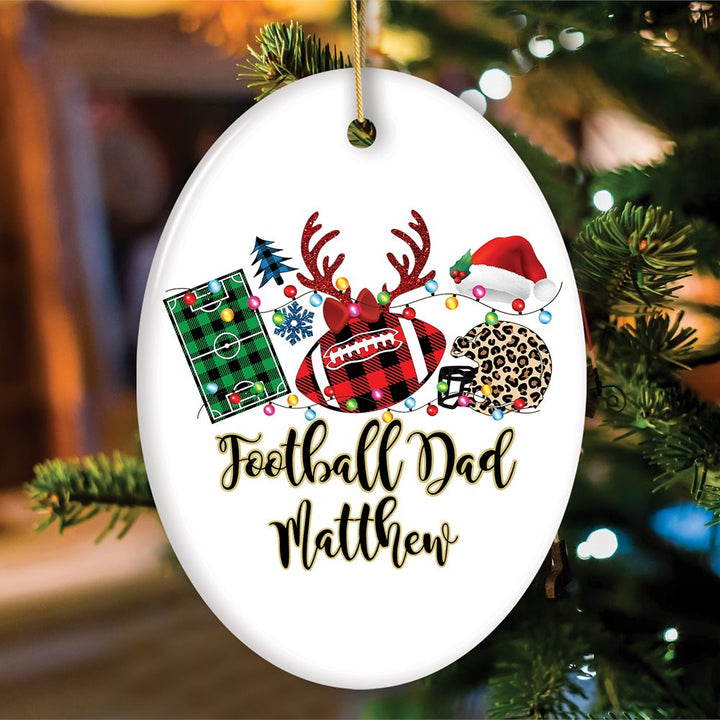 Personalized Football Buffalo Plaid Leopard Merry Christmas Ornament, Team and Coaches Gift Ceramic Ornament OrnamentallyYou Oval 