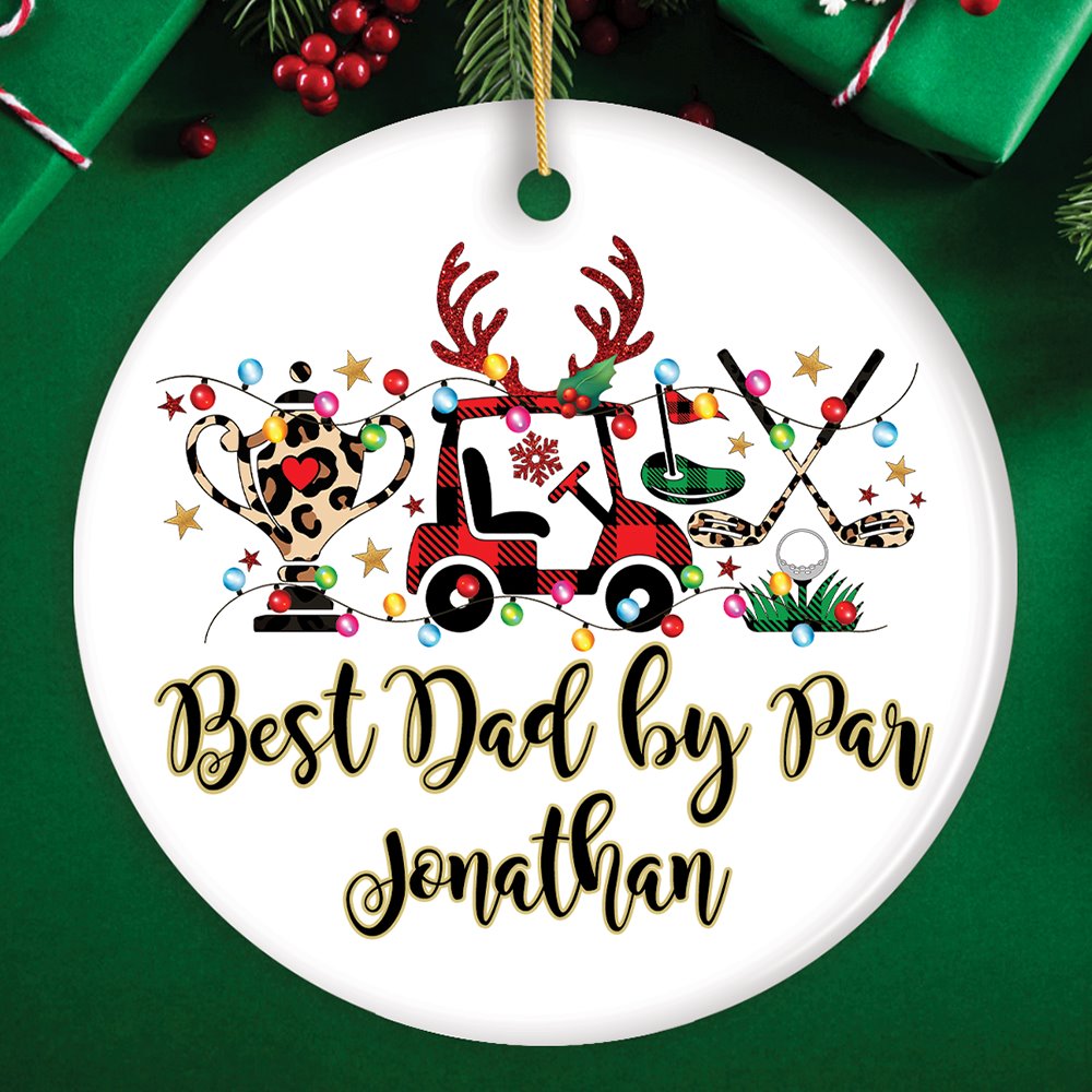Personalized Golf Buffalo Plaid Leopard Christmas Ornament, Golf Cart, Putter and Trophy Golfing Gift Ceramic Ornament OrnamentallyYou Circle 