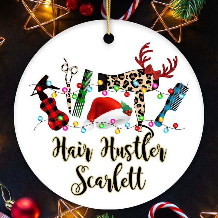 Personalized Hair Stylist Buffalo Plaid Leopard Merry Christmas Ornament, Hair Hustler Gift Ceramic Ornament OrnamentallyYou Circle 