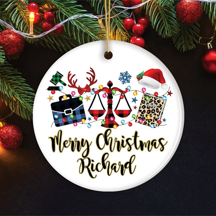 Personalized Law and Legal Theme Buffalo Plaid Christmas Ornament, Lawyer and Paralegal Clerk Gift Ceramic Ornament OrnamentallyYou Circle 