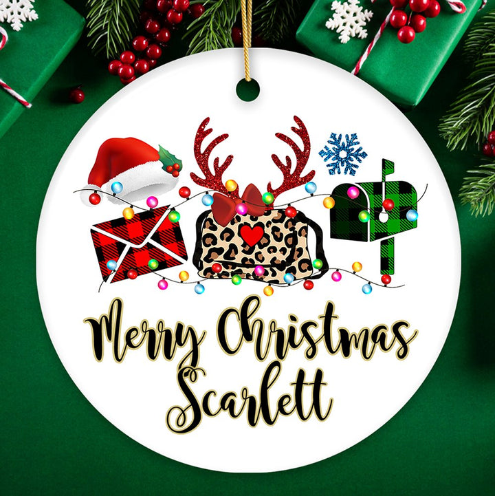Personalized Postal Worker Buffalo Plaid Leopard Merry Christmas Ornament Gift Ceramic Ornament OrnamentallyYou Circle 