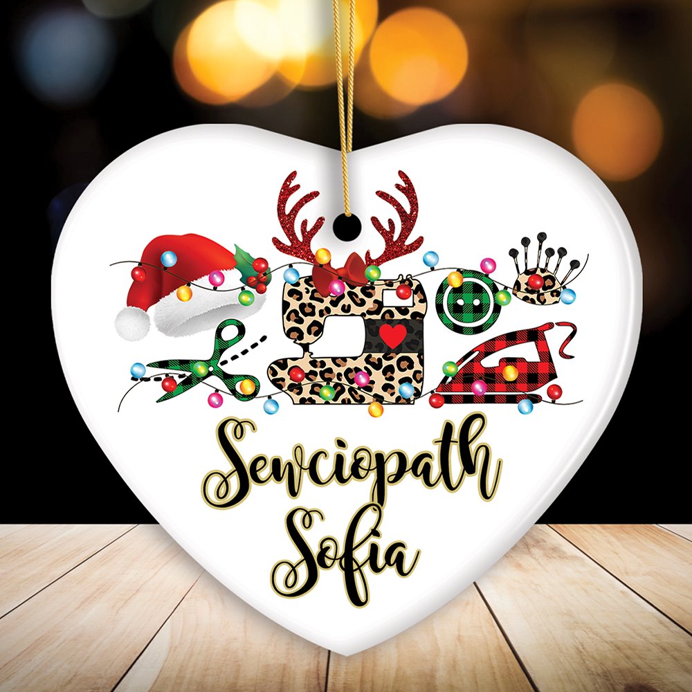 Personalized Sewing Buffalo Plaid Leopard Merry Christmas Ornament, Clothing Stylist Gift Ceramic Ornament OrnamentallyYou Heart 