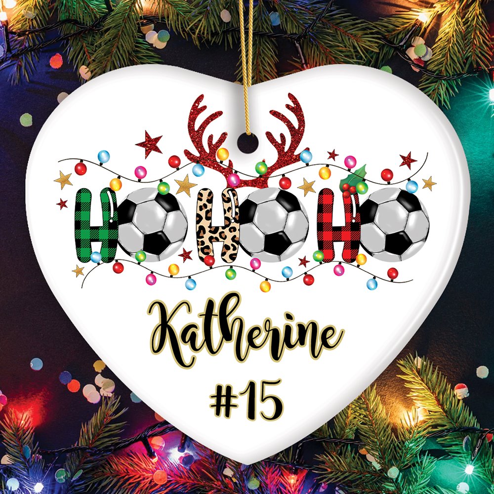 Personalized Soccer Buffalo Plaid and Leopard Christmas Ornament, Ho Ho Ho Football Gift Ceramic Ornament OrnamentallyYou Heart 