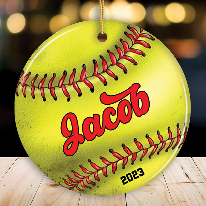 Personalized Softball Christmas Ornament, Festive Holiday Theme with Name and Date Ceramic Ornament OrnamentallyYou Circle 