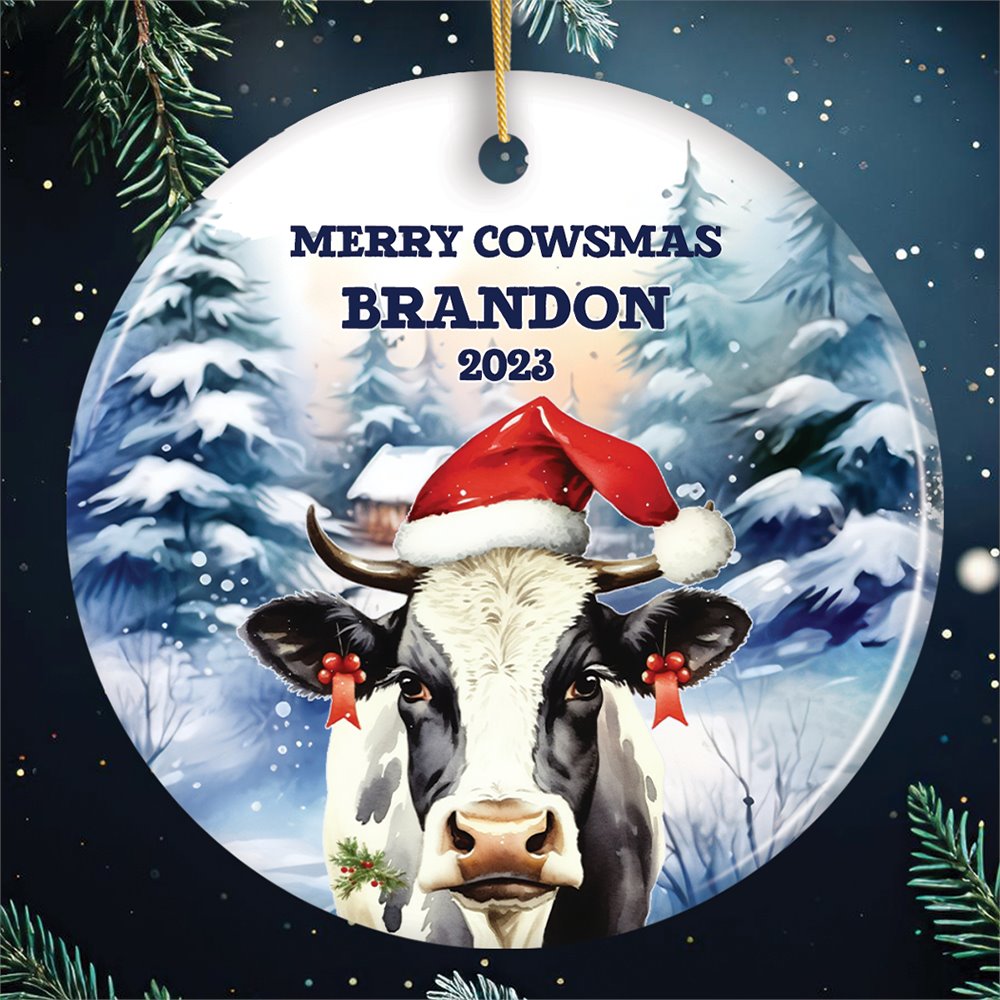 Personalized Watercolor Christmas Cow Ornament, Farmhouse Festive Merry Cowsmas Gift Ceramic Ornament OrnamentallyYou Circle 