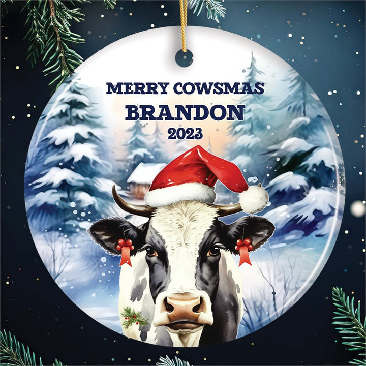 Personalized Watercolor Christmas Cow Ornament, Farmhouse Festive Merry Cowsmas Gift Ceramic Ornament OrnamentallyYou Circle 