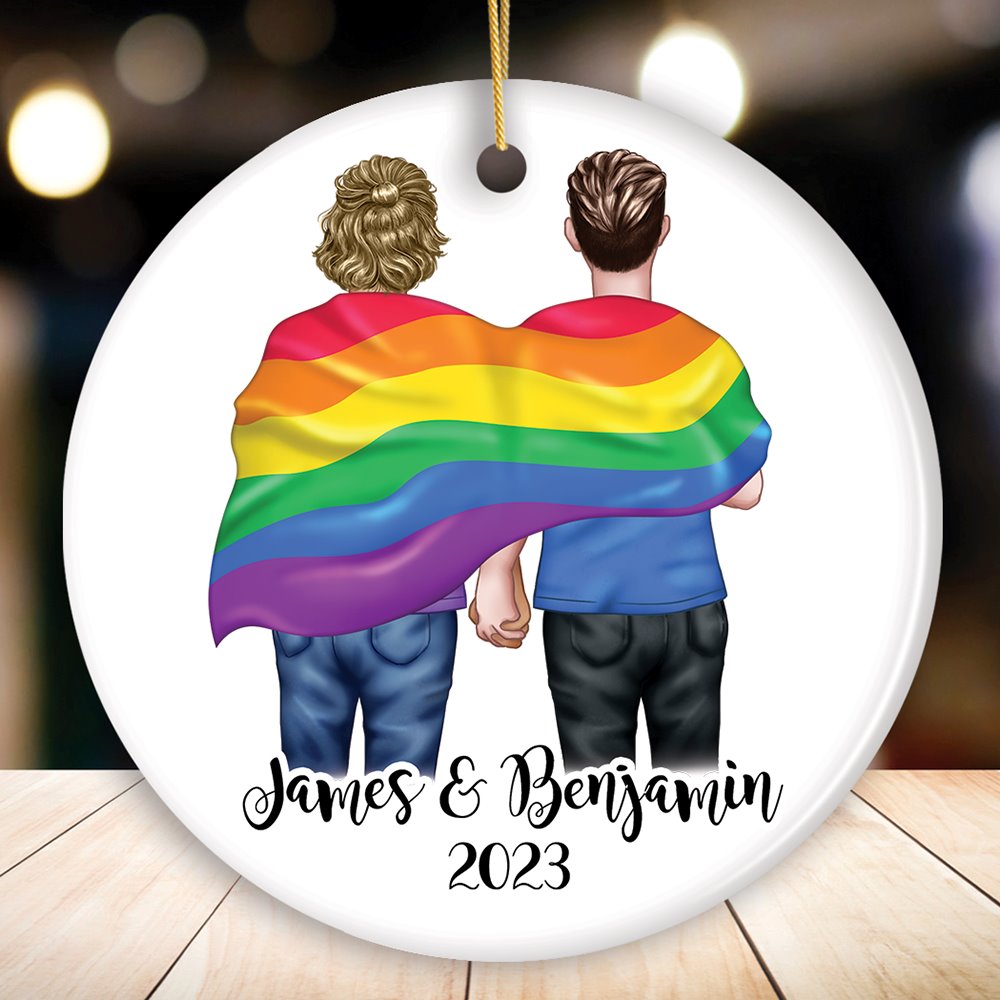 Pride Mens Couple Rainbow Flag Customized Christmas Ornament, LGBT and Gay Activism Ceramic Ornament OrnamentallyYou Circle 