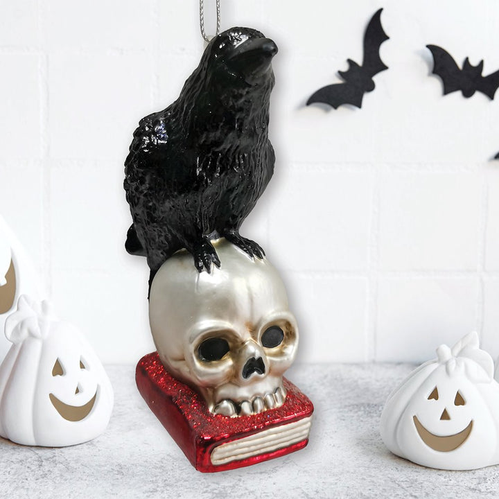 Raven on Skull and Book Glass Ornament, Horror Edgar Allan Poe Decoration Glass Ornament OrnamentallyYou 