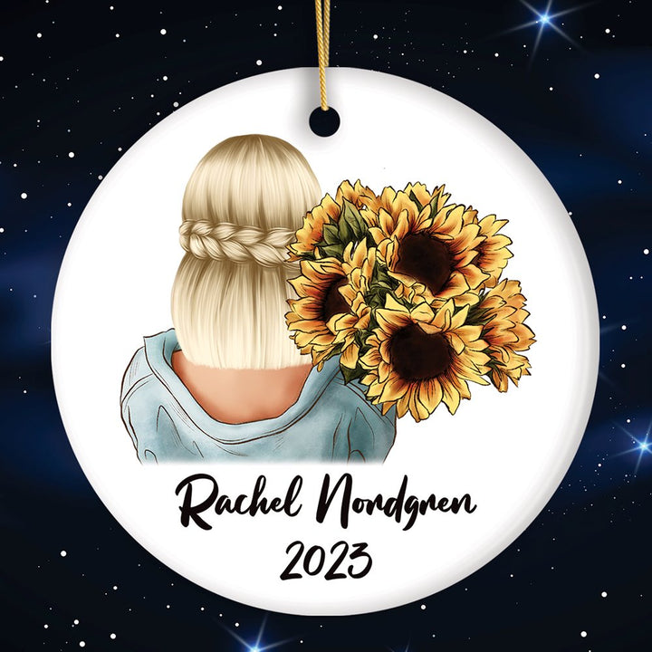 Small Town Girl with Sunflowers Personalized Ornament Gift, Farmhouse Christmas Tree Decor Ceramic Ornament OrnamentallyYou Circle 