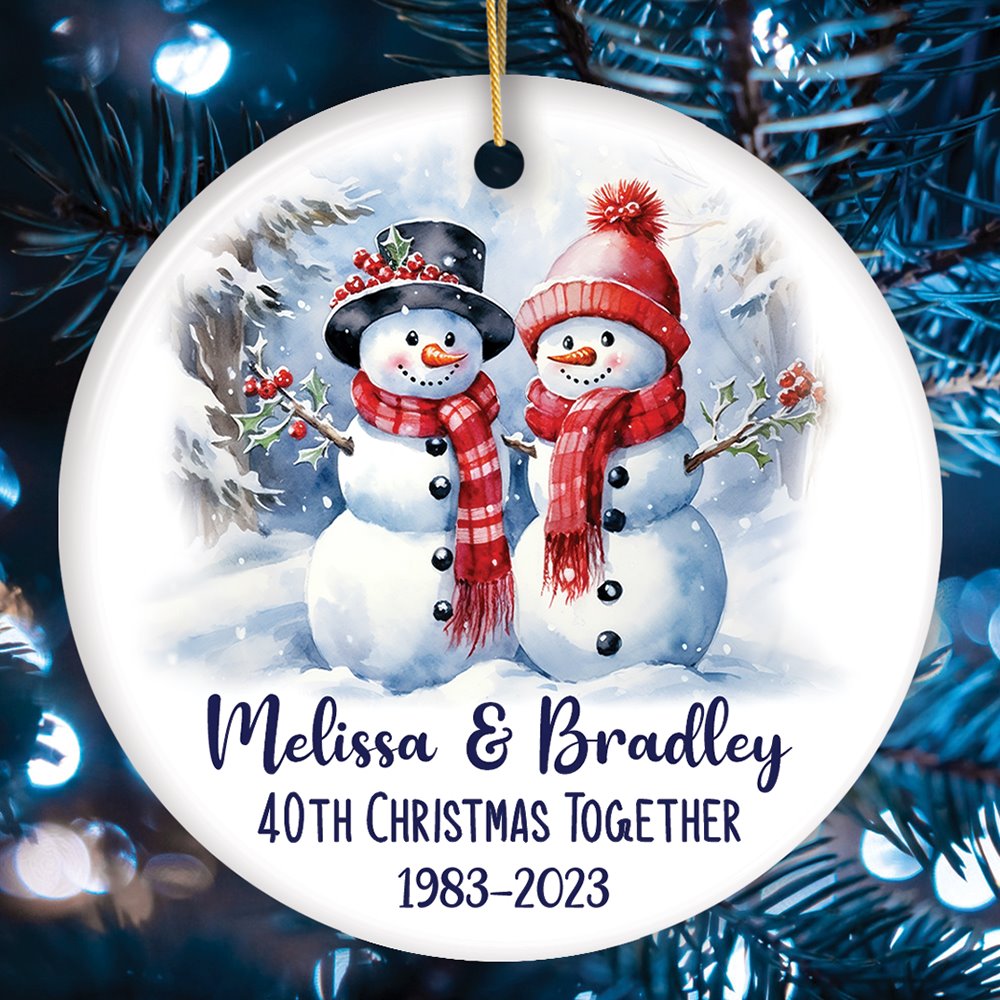 Snowy Married Couple, Watercolor Snowman Anniversary Personalized Ornament Gift Ceramic Ornament OrnamentallyYou Circle 