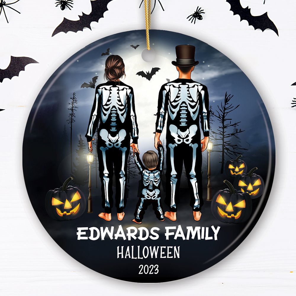Spooky Family Customized Horror Theme Ornament, Halloween Tree Decoration, Skeleton Pajamas Ceramic Ornament OrnamentallyYou Circle 