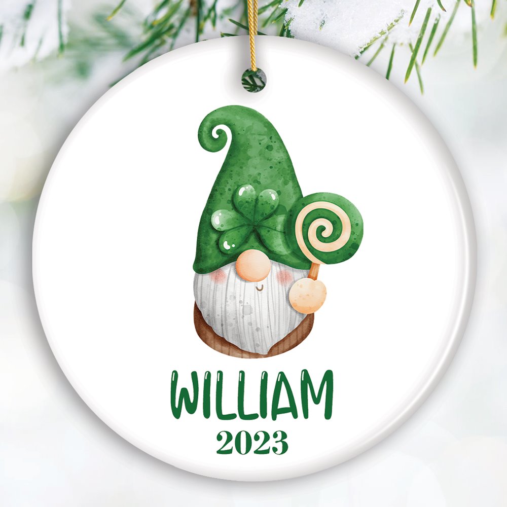 St Patrick’s Day Custom Gnome Tree Ornament, Name for St Pattys Ceramic Ornament OrnamentallyYou Circle 