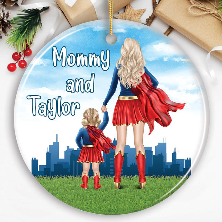 Superhero Mom and Daughter Personalized Ornament, Wonder Woman Christmas Gift for Mother with Child Ceramic Ornament OrnamentallyYou Circle 