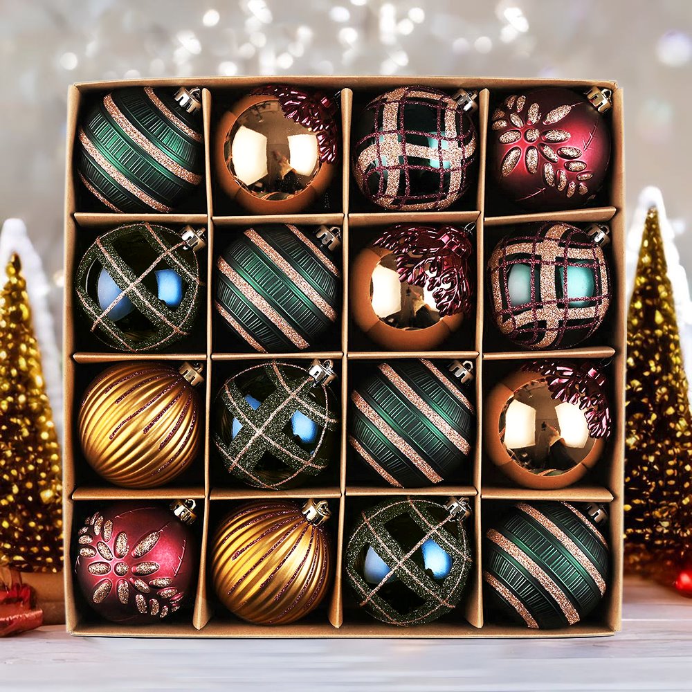 Touch of Gold Delightfully Glittered Ornament Bauble Set, Green, Blue, Bronze and Maroon 16 Piece Bundle Ornament Bundle OrnamentallyYou 