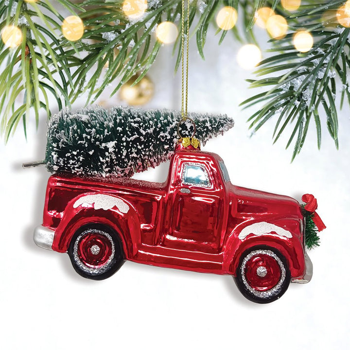 Traditional Red Truck with Ornamental Tree Glass Christmas Ornament Glass Ornament OrnamentallyYou 