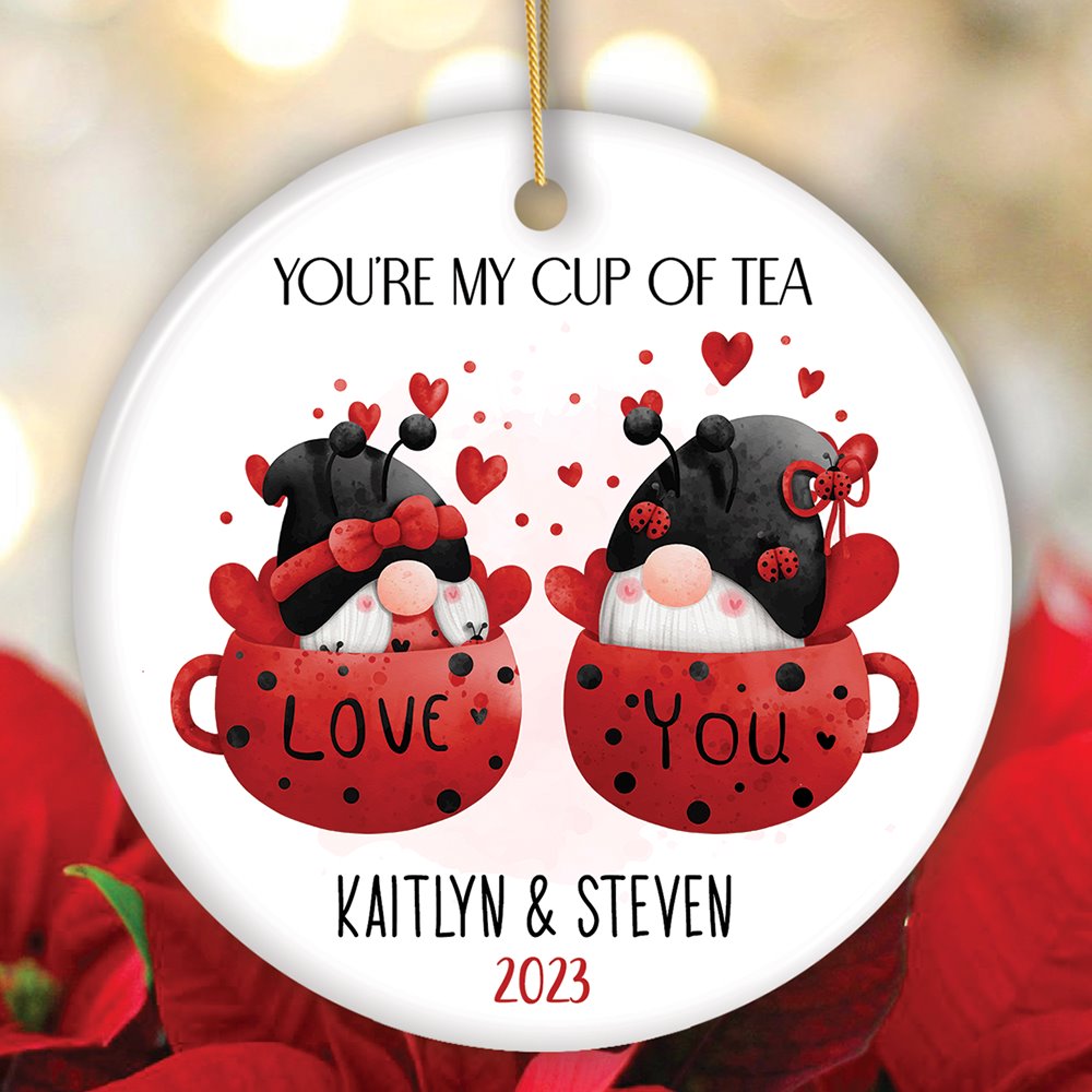 Valentine Gnome Personalized Ornament, You're my Cup of Tea, Custom Name Gift Ceramic Ornament OrnamentallyYou Circle 