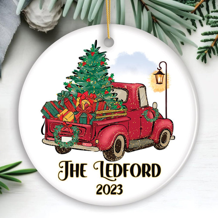 Vintage Red Truck Personalized Ornament, Christmas Keepsake Family Gift Ceramic Ornament OrnamentallyYou Circle 