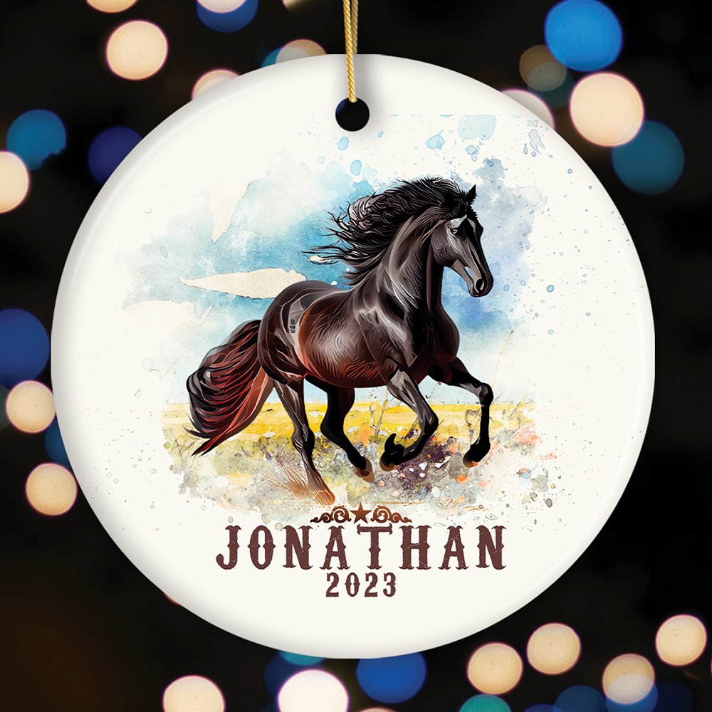 Vintage Western Style Horse Customized Ornament, Equestrian Christmas Gift with Personalized Name Ceramic Ornament OrnamentallyYou Circle 
