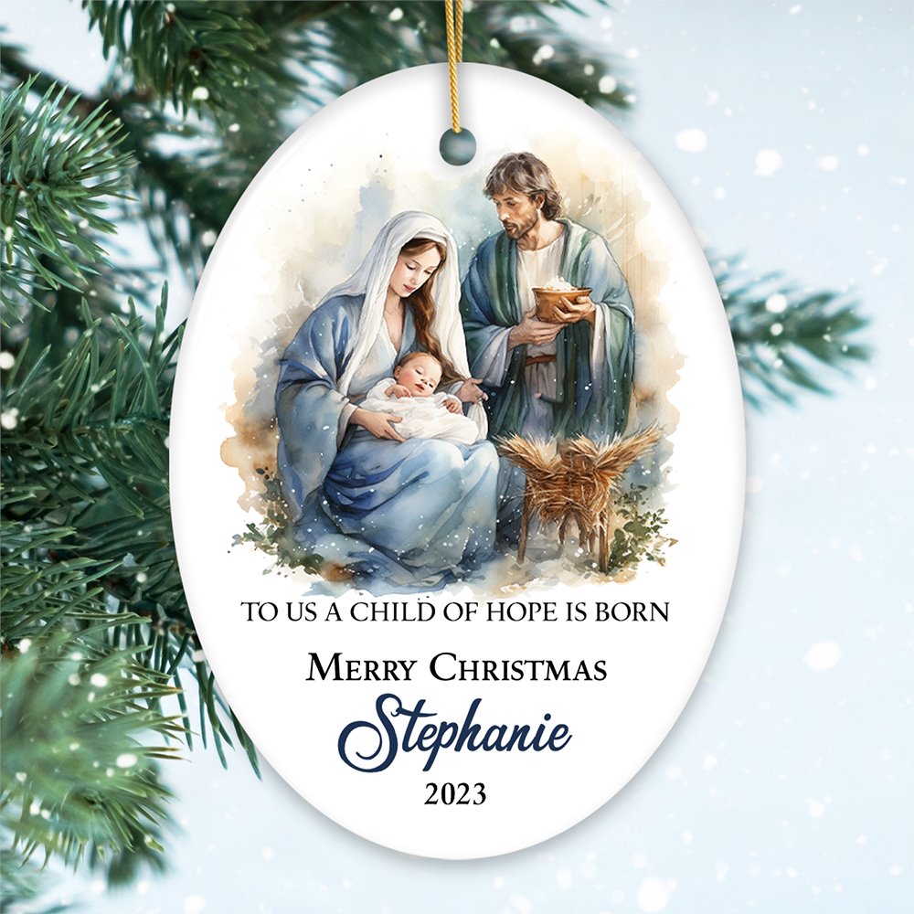 Watercolor Christmas Nativity Scene Personalized Ornament, Christian Holiday Gift Ceramic Ornament OrnamentallyYou Oval 