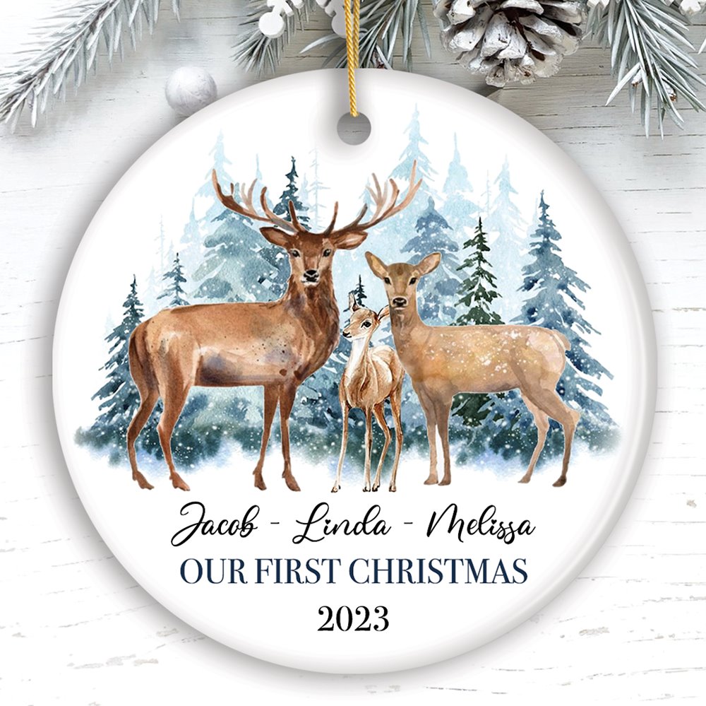 Watercolor Family Deer Christmas Personalized Ornament Ceramic Ornament OrnamentallyYou Circle 